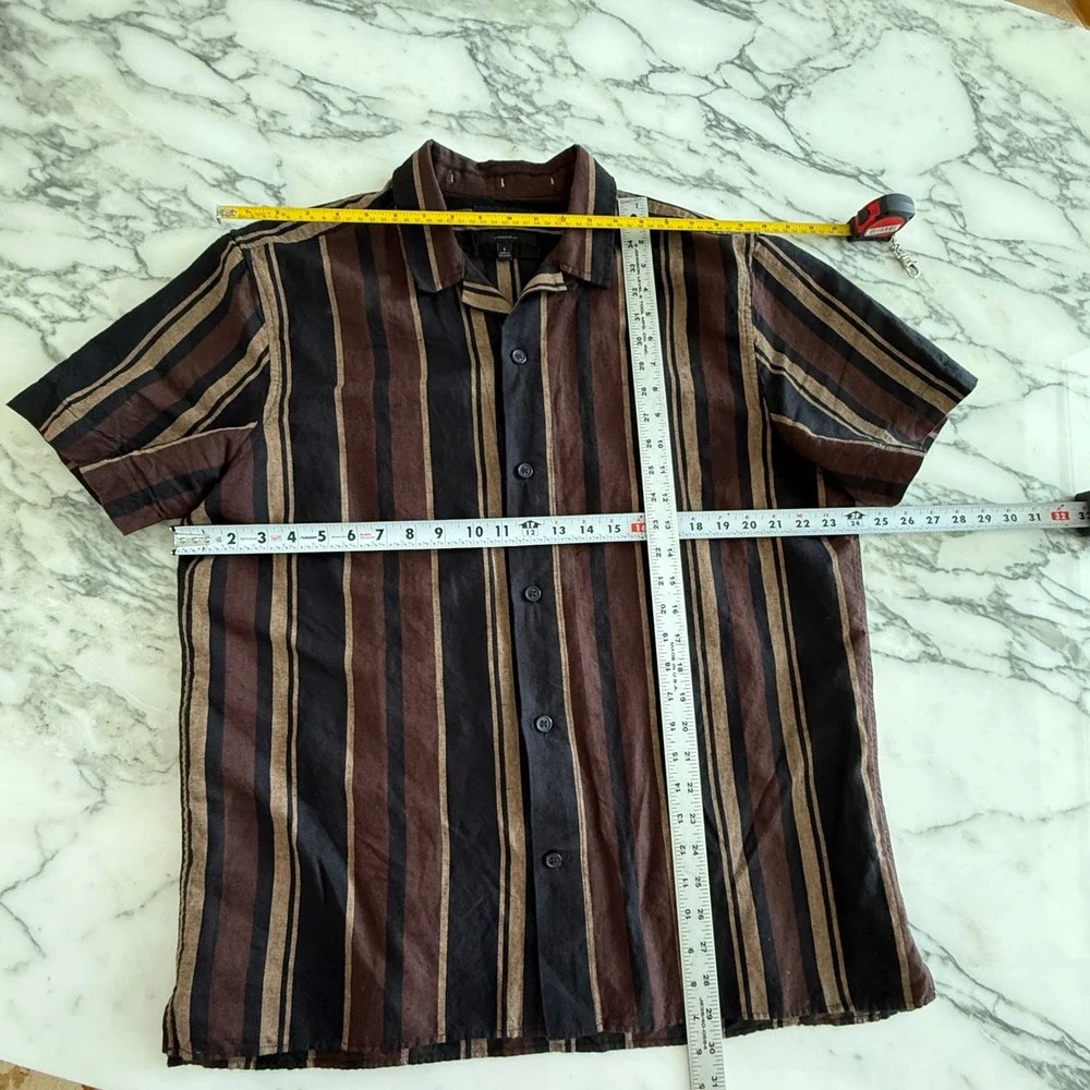 Banana Republic Mens Large Brown Striped Short Sleeve Camp Collar Button Down LG